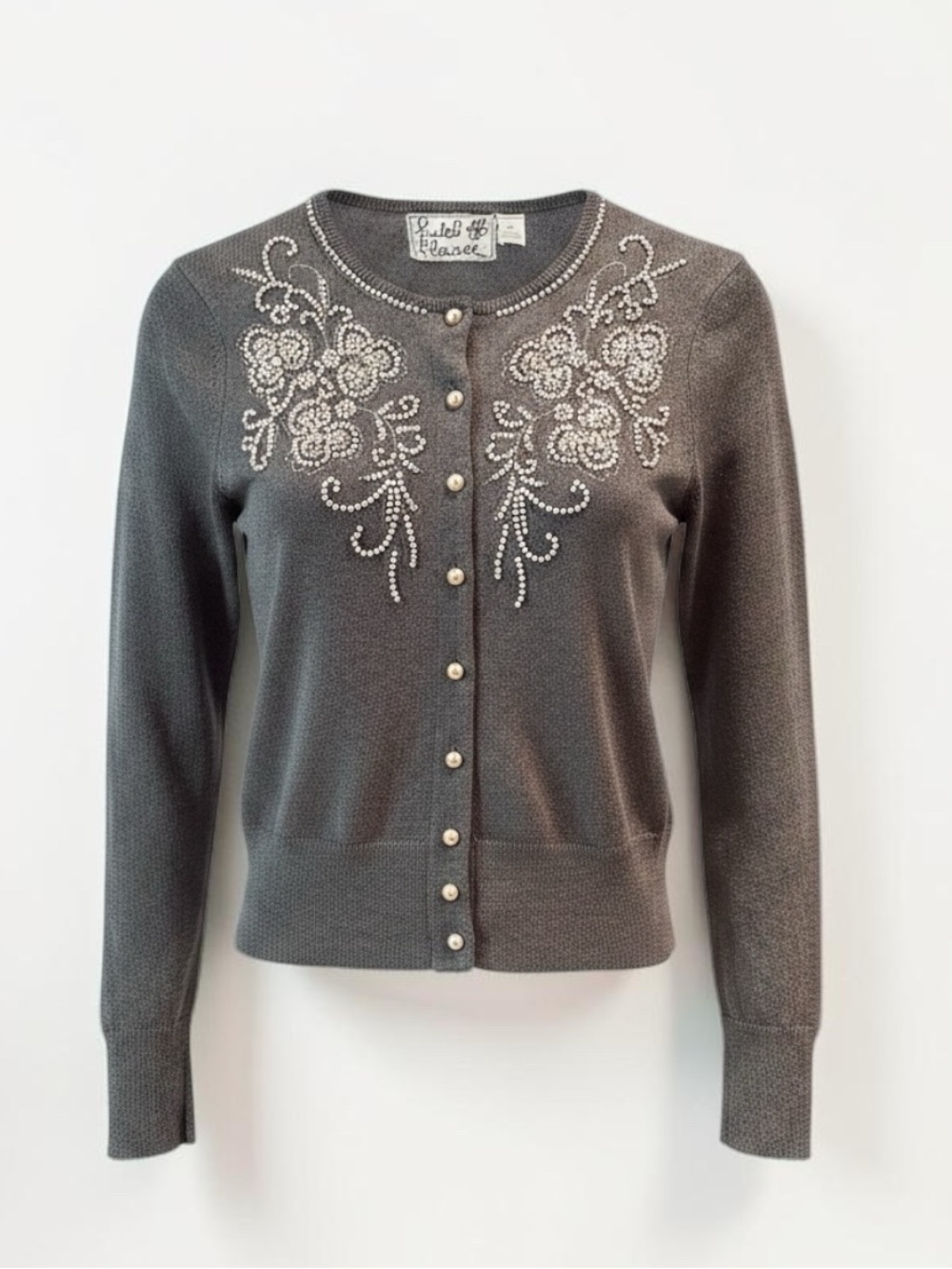 Anthropologie Field Flower Beaded Gray Cardigan Sweater - Size XS
